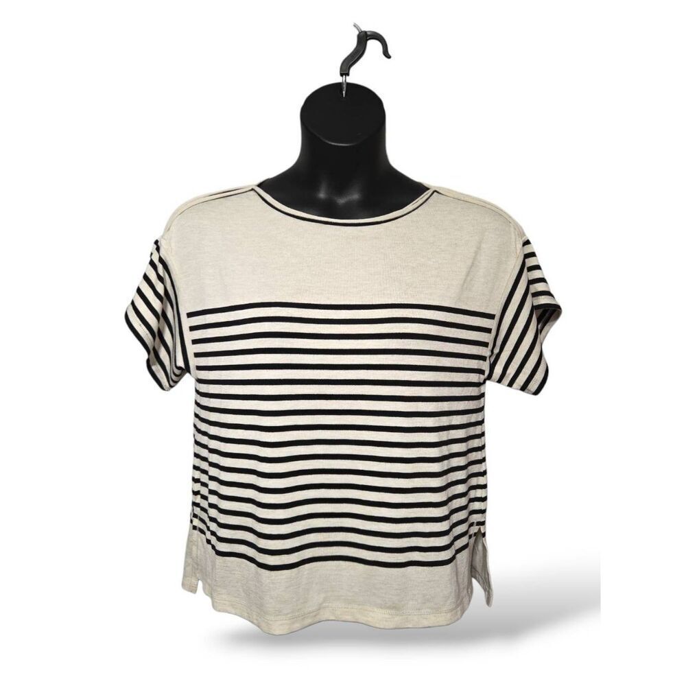 NWT Max Studio London Striped Short Sleeve Knit Top - Beige & Black - M
